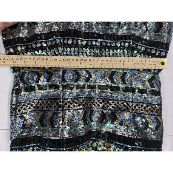Precious Formals Sequin Mini Dress Sparkle Size 4 Blue Green Black Chunky Stones - Picture 4 of 10